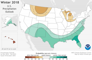NOAA's Winter Outlook is calling for more precipitation than usual in the southern and southeastern U.S. while the upper Midwest and Hawaii will see well below normal precipitation. Image: NOAA