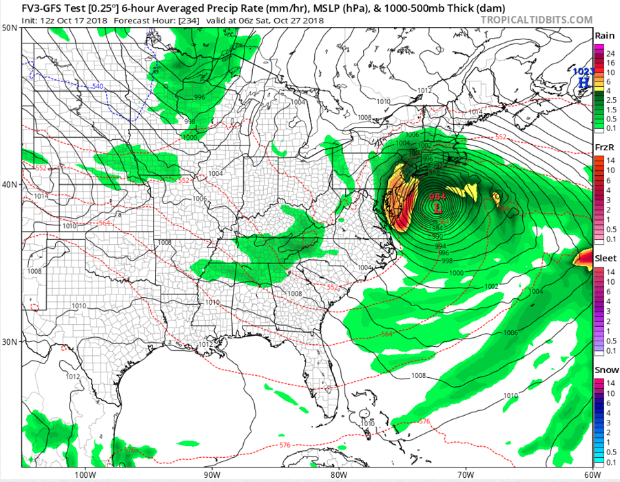 A large coastal storm could bring heavy precipitation and strong winds to the northeast towards the end of the month. Image: tropicaltidbits.com