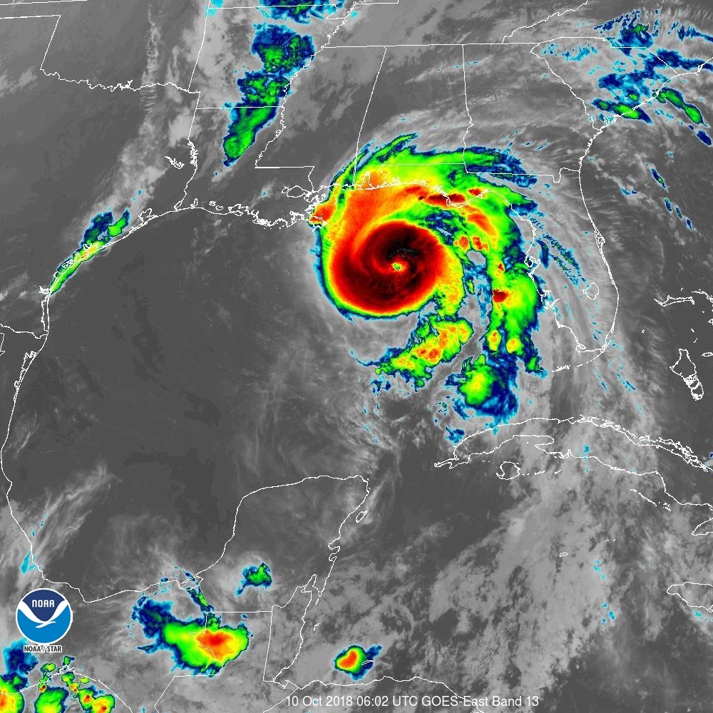 Latest GOES-East satellite shows Major Hurricane Michael, now a Category 4 hurricane. Image: NOAA