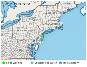 With a Nor'Easter arriving, the National Weather Service has issued Coastal Flood Watches for portions of New Jersey, New York, and Connecticut. Image: weatherboy.com