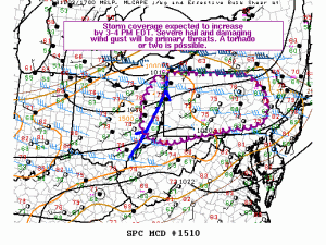 The Storm Prediction Center has identified an area where severe storms are forming and where a watch could be issued today. Image: SPC