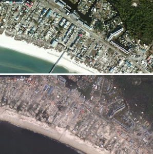 Top: Before Hurricane Michael's arrival in Mexico Beach, Florida; Bottom: after Hurricane Michael, nearly every structure is destroyed or badly damaged. Image: NOAA
