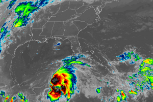 Latest GOES-East view of Tropical Depression #14 shows an intensifying system just east of the Yucatan. Image: NOAA
