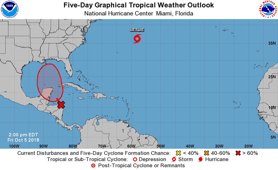 In the latest Tropical Outlook from the National Hurricane Center, chances are high that a tropical cyclone will be in the Gulf of Mexico within the next 5 days. Image: NHC