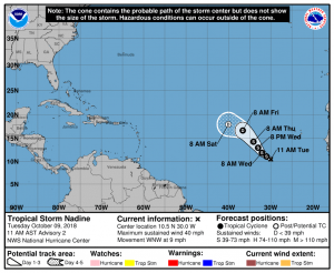 Latest forecast track for Tropical Storm Nadine. Image: NHC
