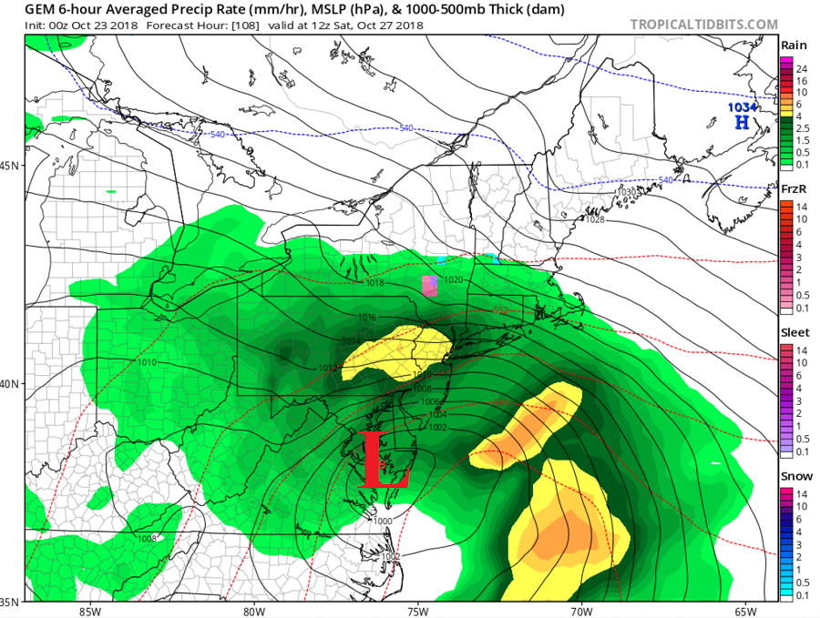 Models, like this Canadian global forecast model, are in good agreement that a potent nor'easter will impact the U.S. east coast this weekend. Image: tropicaltidbits.com