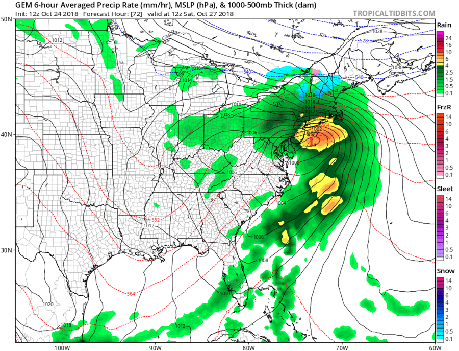 A potent nor'easter, with some moisture from the remnants of what was once Major Hurricane Willa, will impact the northeast this weekend, as this illustration from a computer forecast model shows. Image: tropicaltidbits.com