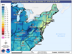 High winds will be felt well inland from the coast as the nor'easter moves through. Image: NWS