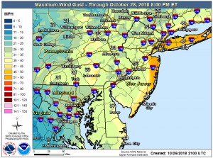The strongest winds will be across Long Island and coastal New Jersey. Image: NWS