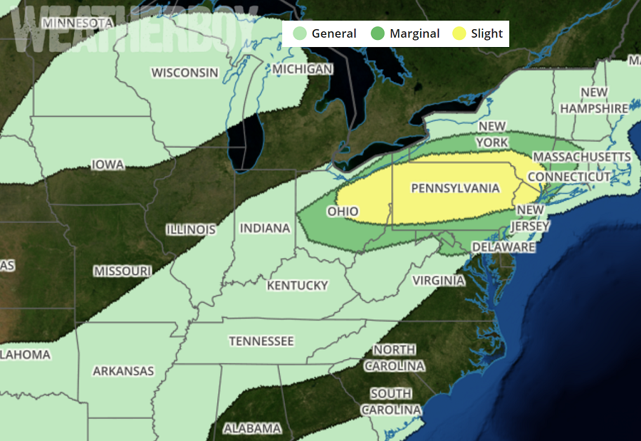 The Storm Prediction Center's Convective Outlook highlights an area where the greatest chance of severe weather is today in yellow. Image: weatherboy.com
