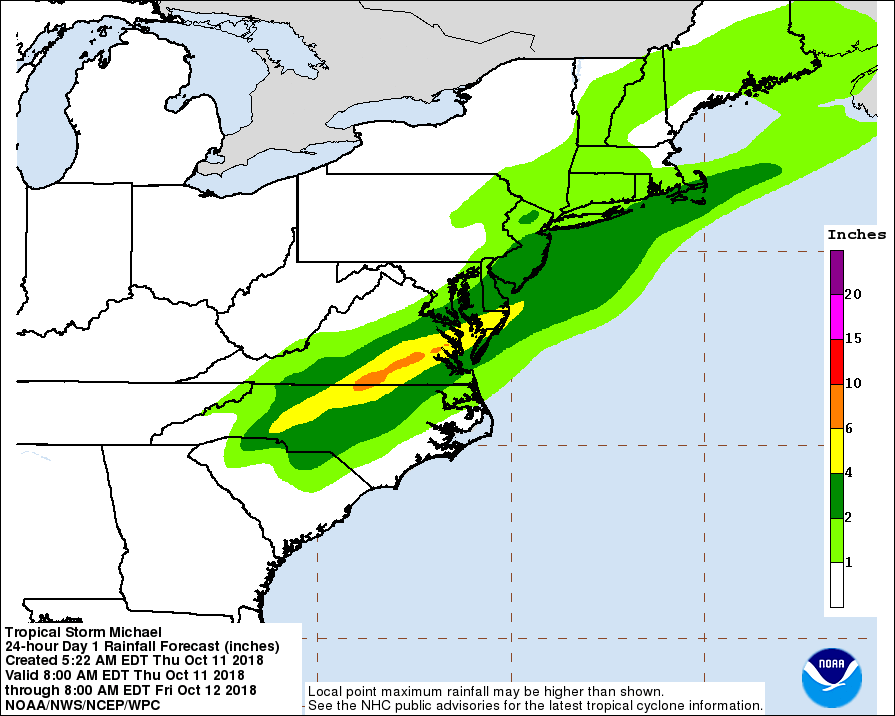 Heaviest rain will all over Virginia and North Carolina today. Image: NHC