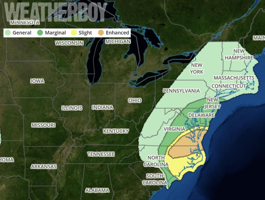 The Storm Prediction Center highlights the area where the best chance of severe weather is likely today as Michael moves into the Mid Atlantic. Image: weatherboy.com