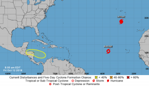 The latest Tropical Outlook from the National Hurricane Center shows Leslie, Nadine, and an area of concern near Central America. Image: NHC