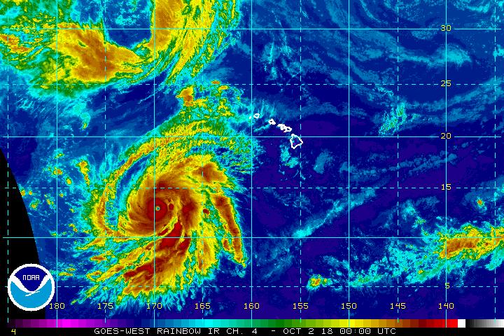Hurricane Walaka, located south and east of Hawaii, is now a Category 5 Major Hurricane. Image: NOAA