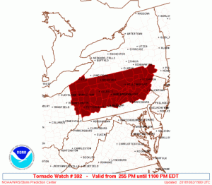 Tornado Watch in effect in red areas. Image: SPC