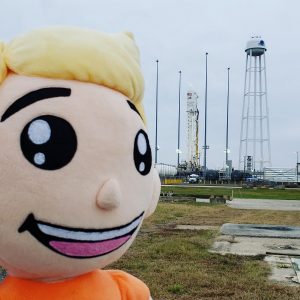 The Weatherboy mascot stands in front of Launch Pad 0A at NASA's Wallops Flight Facility where an Antares rocket is scheduled to launch in November. Image: Weatherboy