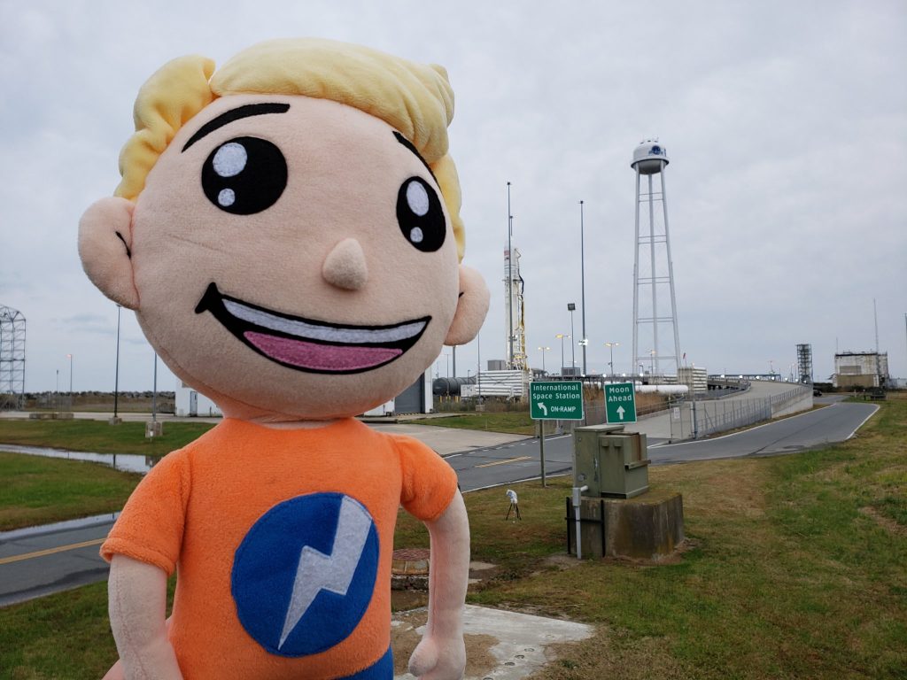 Our mascot appeared in front of Launch Pad 0A this week, just days ahead of today's successful launch of the Antares rocket that sits on the pad in the background. Image: Weatherboy