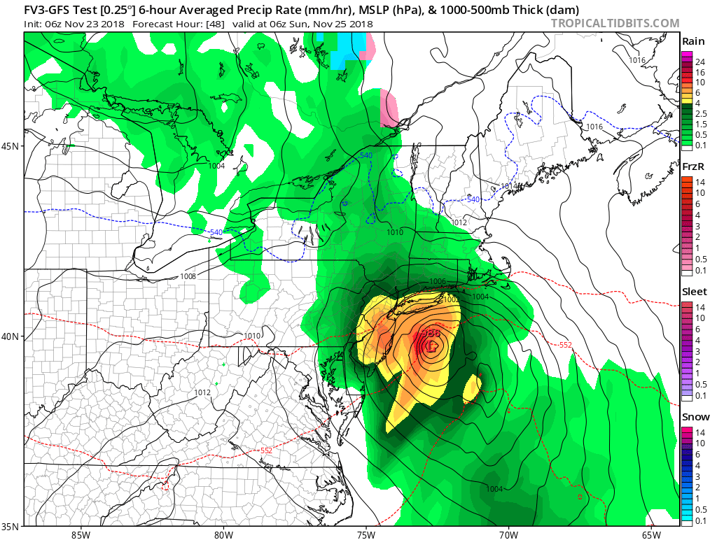 A potent area of low pressure will bring wind-swept heavy rain to the northeast for a brief period tomorrow night, as this American GFS forecast model shows. Image: tropicaltidbits.com
