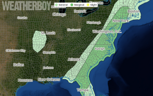 The Storm Prediction Center has a large part of the U.S. East Coast under a slight risk of severe storms today. Within this area, isolated tornadoes are possible. Image: weatherboy.com