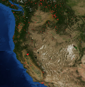 Satellite imagery helps authorities pinpoint where fires are blazing; red areas are currently on fire. Image: NASA
