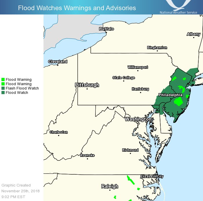 Another round of forecast heavy rain has prompted the National Weather Service to issue or continue flood advisories for portions of New Jersey, Delaware, New York, Maryland, and Pennsylvania.  Image: NWS