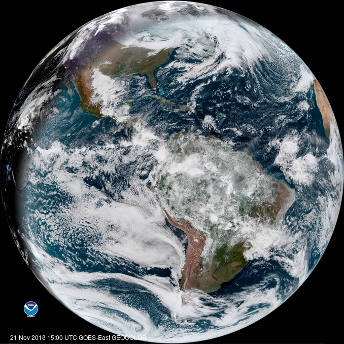 Full view of the globe from the GOES-East weather satellite. Image: NOAA