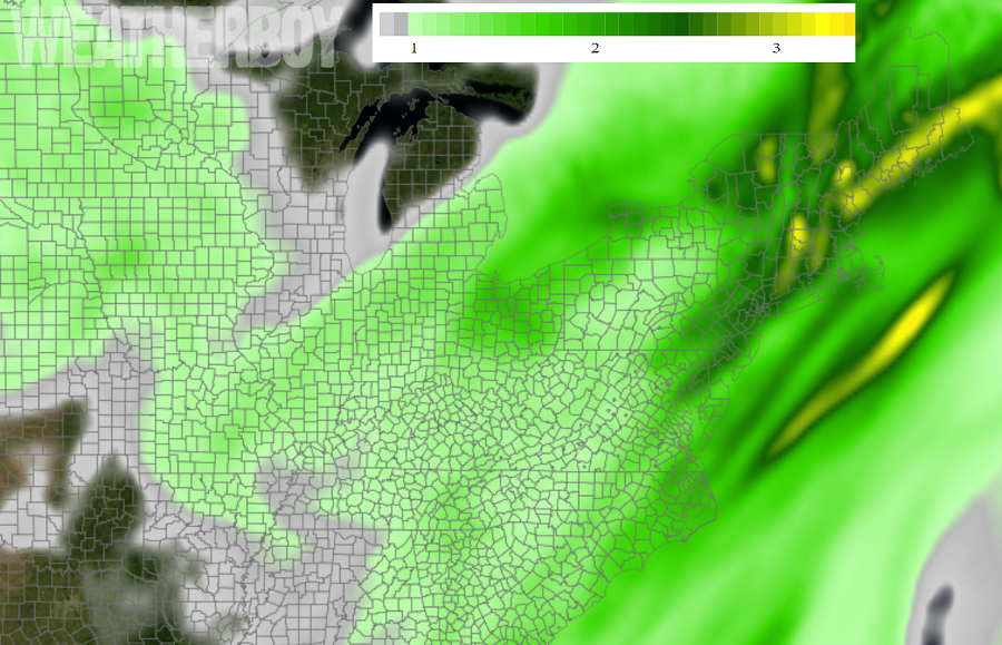 Heavy rain is expected to fall in the eastern U.S. today into tomorrow, with some of the heaviest amounts expected near the I-95 corridor from Washington, DC to Boston, MA.   Image: weatherboy.com