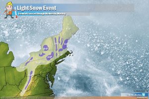 Light to moderate snow is expected in the northeast between now and Wednesday as bitter cold air arrives. Image: Weatherboy.com