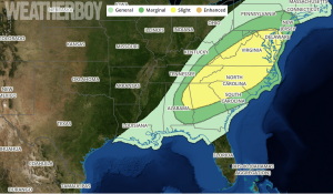 Tuesday into Wednesday, the severe weather threat will shift east.  Image: weatherboy.com