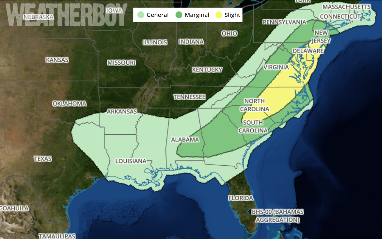 The National Weather Service Storm Prediction Center believes there will be severe weather in portions of the Mid Atlantic on Election Day. Image: weatherboy.com