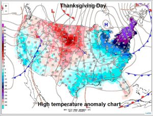 Purples and blues reflect below normal temperatures forecast for Thanksgiving Day while the reds in the midwest show above normal temperatures. Image: NWS