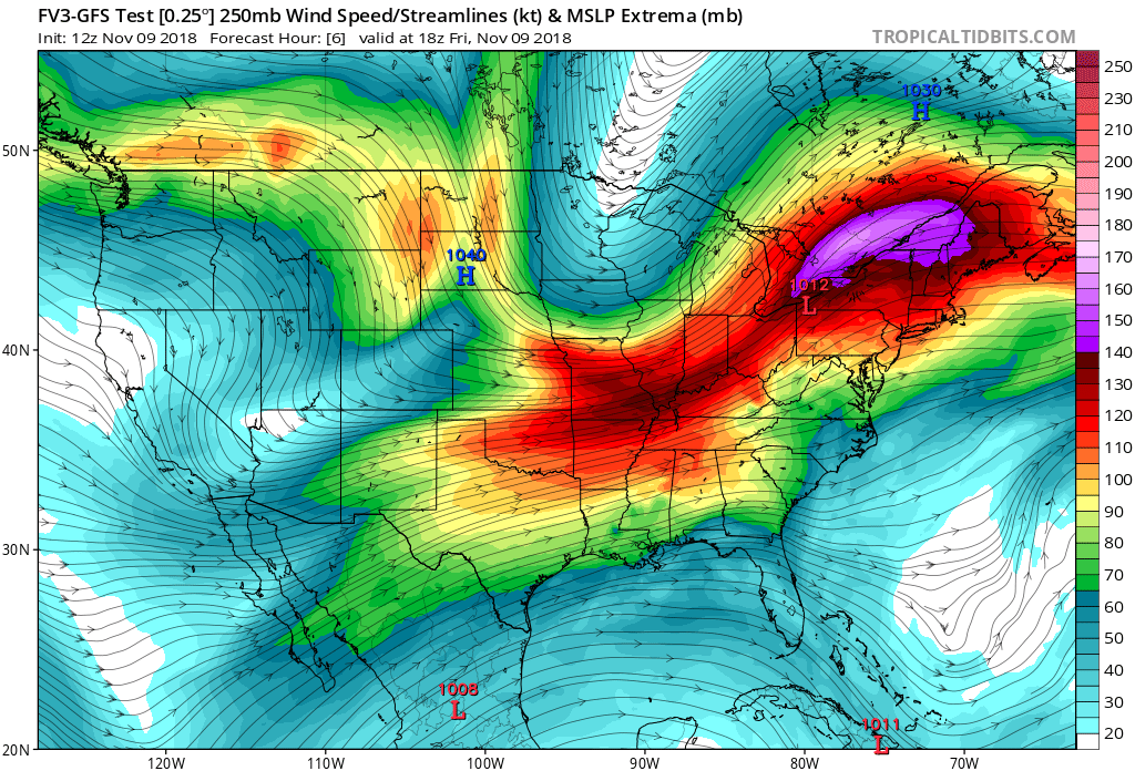 The American GFS model depiction of the 250mb layer shows a ridge of high pressure in the West with a trough of low pressure in the East. This makes the west dry and prone to fires while the east is soaked with heavy precipitation. Image: tropicaltidbits.com