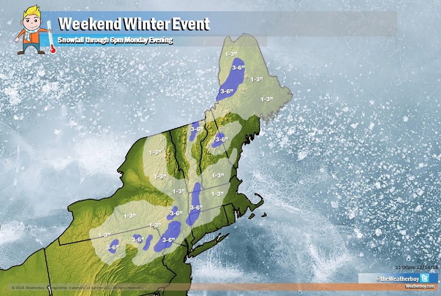 Light to moderate snow is expected to fall in the northeast through to Monday evening.  Image: weatherboy.com