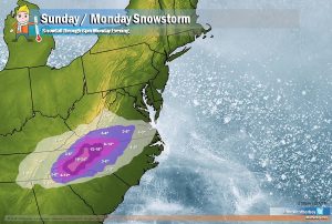 Heavy snow will fall in portions of the U.S. East before Monday PM, as this latest snowfall forecast map shows. Image: weatherboy.com