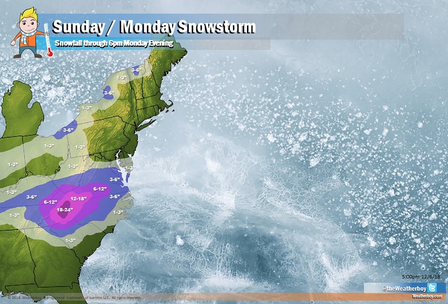 A major winter storm will dump as much as 1-2 feet of snow over portions of the eastern United States this Sunday/Monday. Image: weatherboy.com
