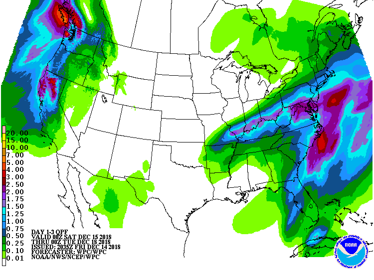 Soaking rains will fall in the Northwest and East over the next 3 days as storm systems move through. Image: NWS
