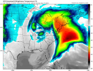 Simulated IR satellite view based on American GFS forecast model data shows a robust storm system with high cloud tops across the eastern US next weekend. Image: tropicaltidbits.com