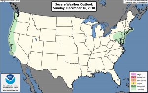 While severe storms aren't expected on Sunday, thunderstorms are possible in portions of Pennsylvania, Maryland, Delaware, and New Jersey in the East and in California, Oregon, and Washington in the West. Image: NWS