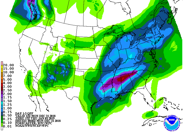 Very wet conditions are expected in the eastern US for the start of 2019. Image: NWS