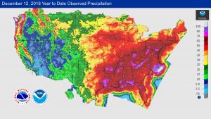 Reds and purples in the eastern US reflect an extreme abundance of precipitation this year. Image: NOAA