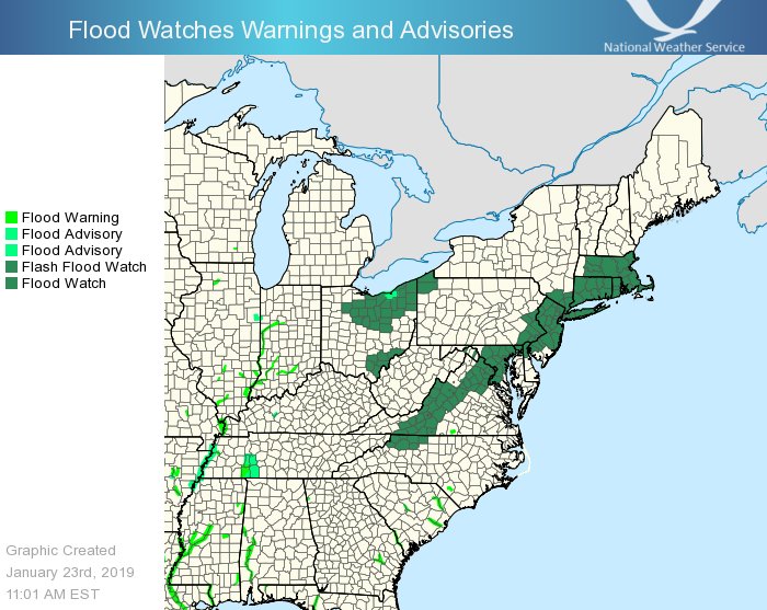 With the potential for flooding conditions, the National Weather Service has issued related advisories in these areas. Image: NWS
