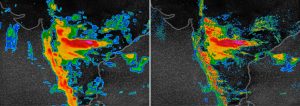An August 2018 monsoon in India, shown at left by the best current weather model that operates at 13-kilometer resolution. At right, the new IBM Global High-Resolution Atmospheric Forecasting System (GRAF) operates at 3-km resolution and updates 6 to 12 times more often. Credit: IBM