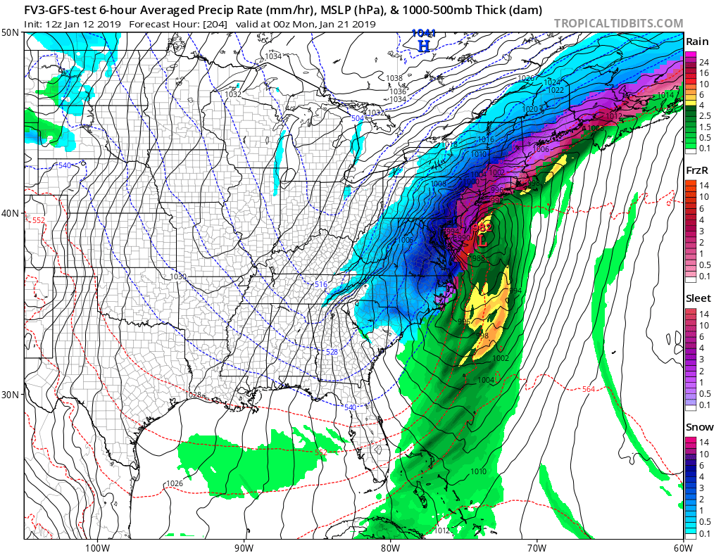 The American GFS computer forecast model is suggesting an even more robust and far-reaching winter storm will develop along the East Coast next weekend, producing heavy precipitation from Maine to Florida. The precipitation could fall as significant snow from Maine to South Carolina. Image: tropicaltidbits.com
