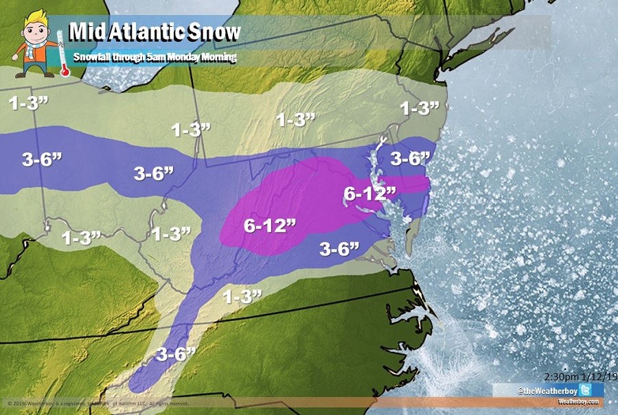 Expected snowfall from this weekend's weather system. Image: Weatherboy
