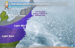 Light rain, snow, or a mix of both will move through the eastern U.S. tomorrow. A more substantial storm is expected over the weekend. Image: weatherboy.com