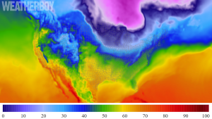 This forecast temperature map shows cold air beginning to sink down from Canada in 72 hours. Image: weatherboy.com