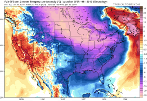 During the middle of the week, unusually cold air will blanket much of the country. However, the American southwest will see temperatures above normal at that time too. Image: tropicaltidbits.com