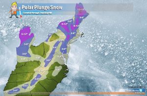 Generally light snow is expected as a potent cold front moves through the Eastern U.S. With more cold air and moisture to work with, heavier snows will fall over portions of Michigan and New England. Image: weatherboy.com
