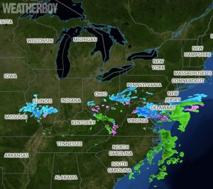 1:30pm ET RADAR shows precipitation wrapping up in the Eastern U.S.  Image: weatherboy.com