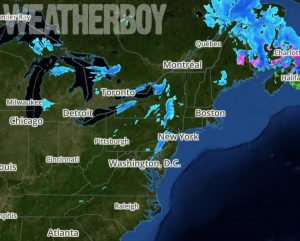 Latest weather RADAR shows snow showers and squalls in eastern Pennsylvania and New York at 1:50pm ET. Image: weatherboy.com